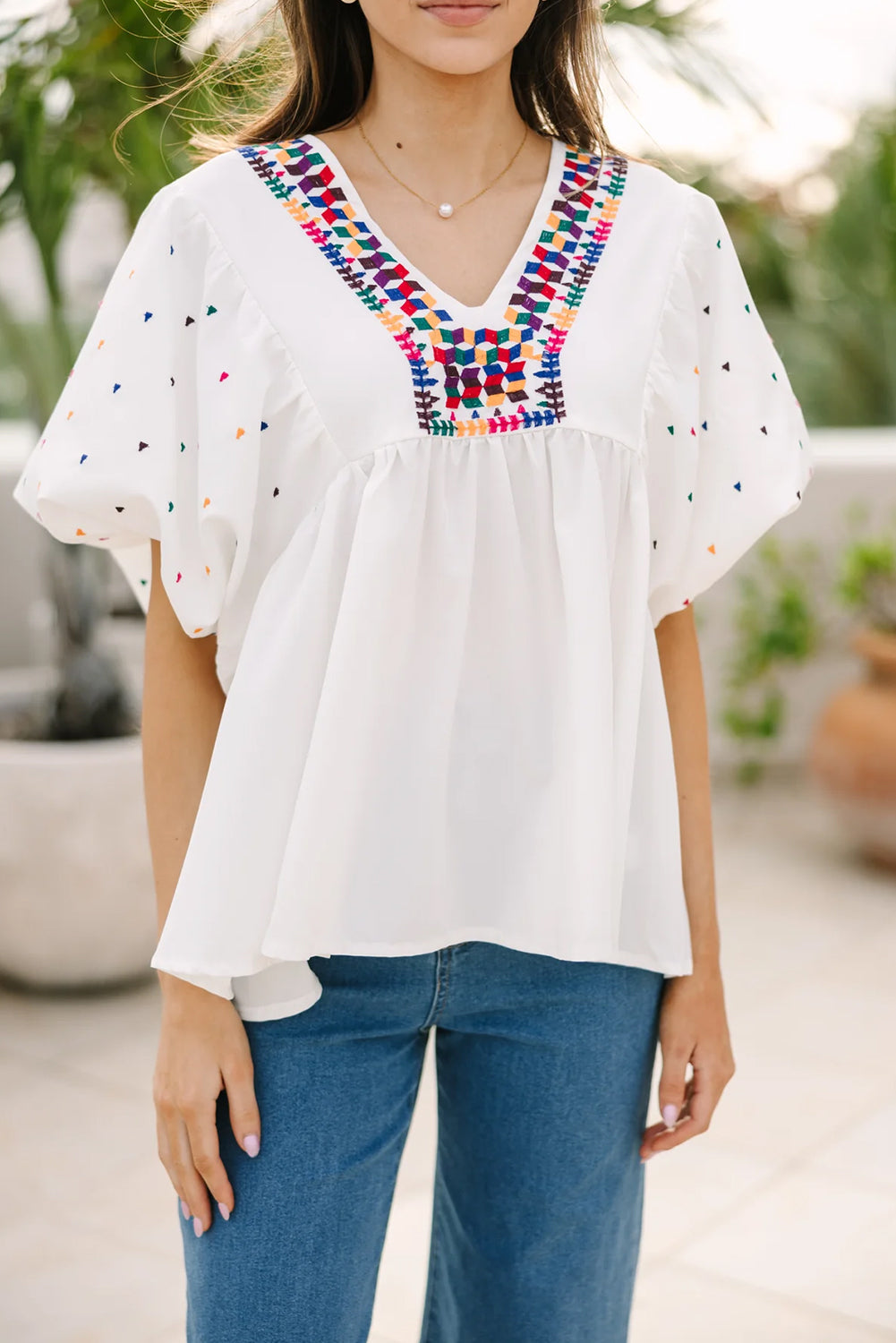 White Embroidered Puff Sleeve V Neck Blouse eAura