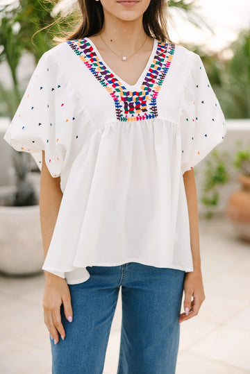 White Embroidered Puff Sleeve V Neck Blouse eAura