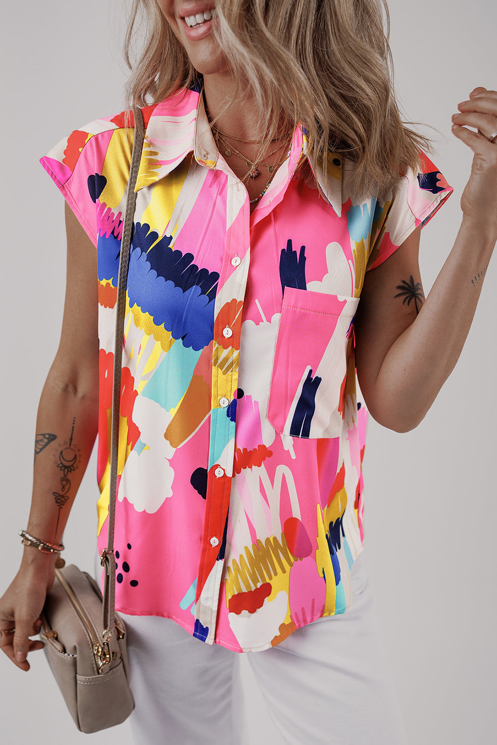 Multicolour Abstract Print Collared Cap Sleeve Casual Shirt eAura