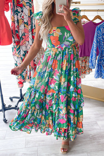 Green Floral Print Sleeveless Ruffle Tiered Maxi Dress eAura