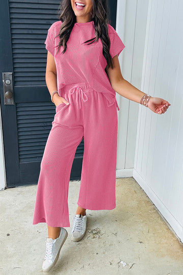 Bright Pink Solid Ribbed Knit Short Sleeve T Shirt and Wide Leg Trousers Set eAura