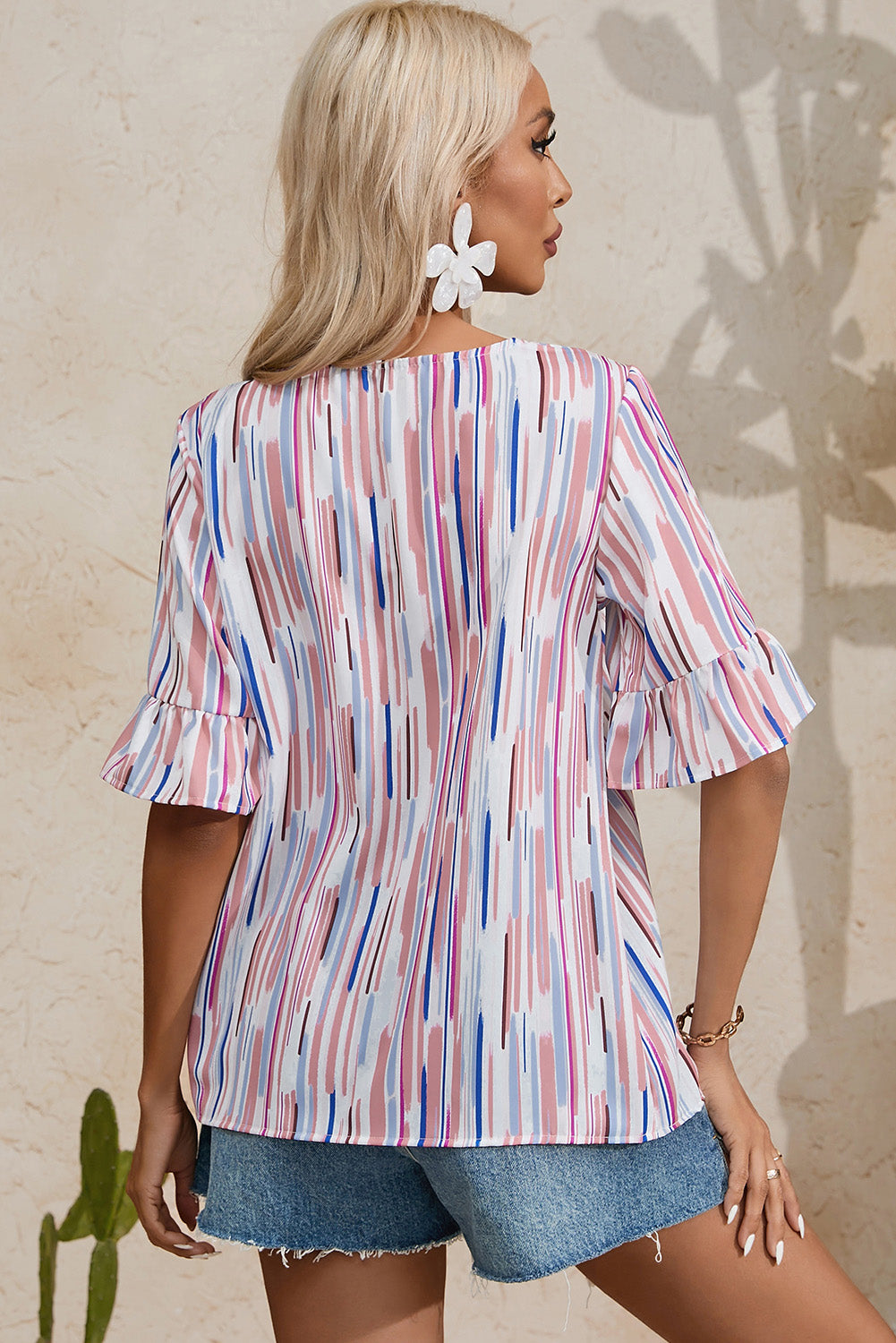 White MultiColour Striped Splash Half Sleeve Blouse eAura