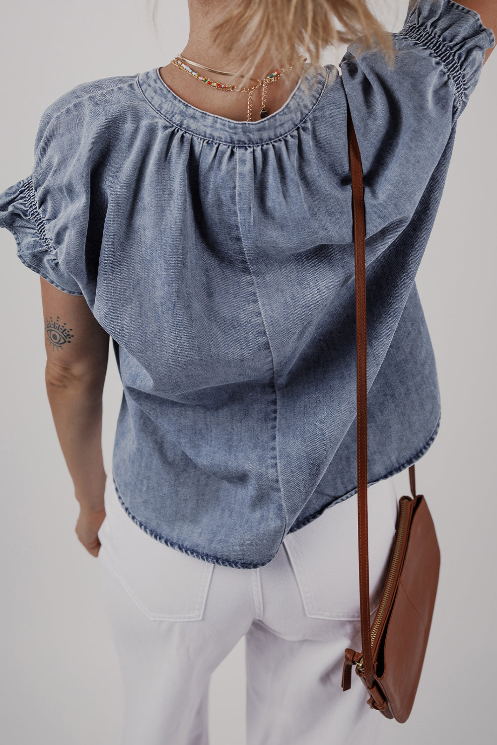 Dusk Blue V Neck Ruffled Short Puff Sleeve Denim Top eAura