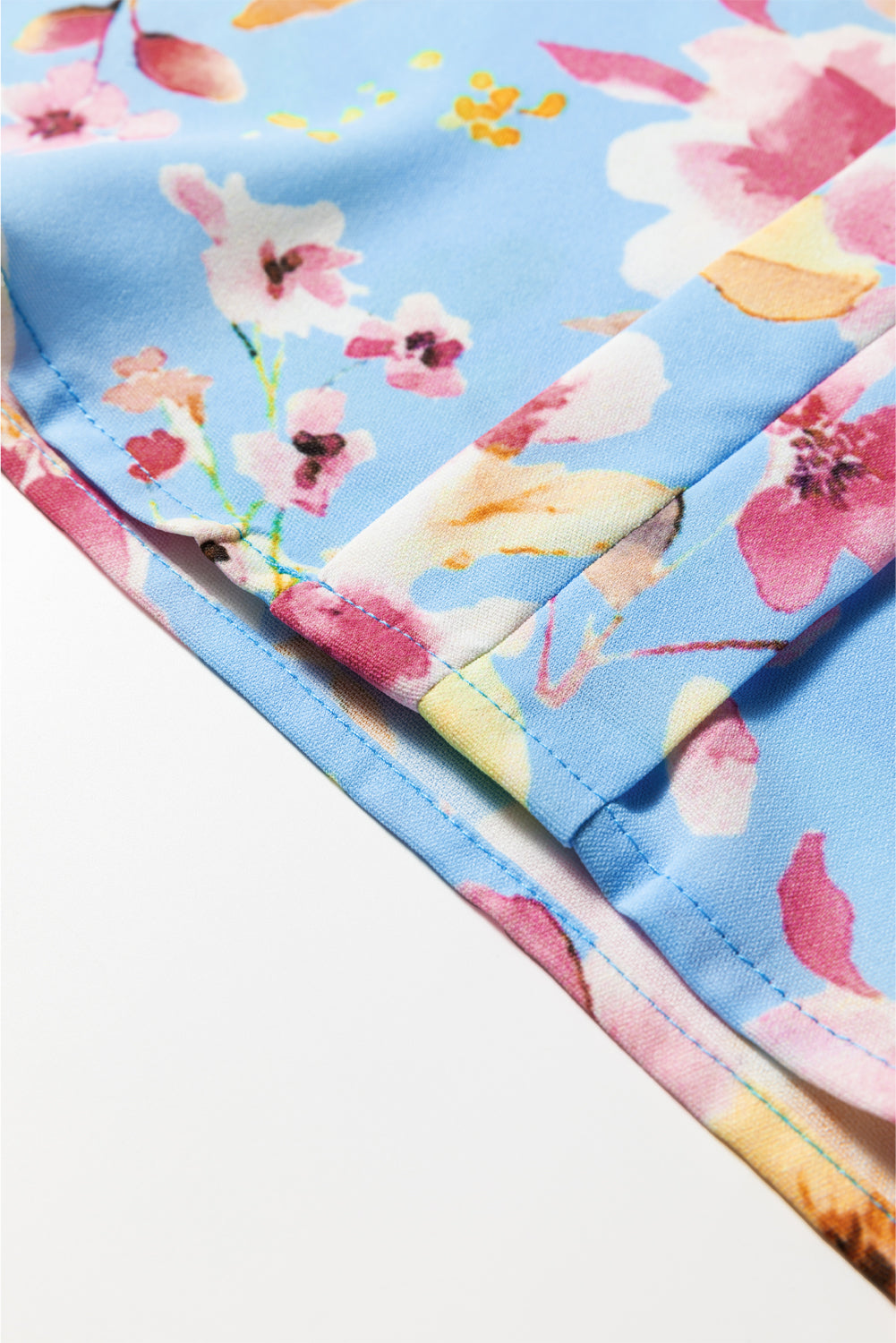 Sky Blue Floral Smocked Cuff Flounce Sleeve V-Neck Blouse eAura