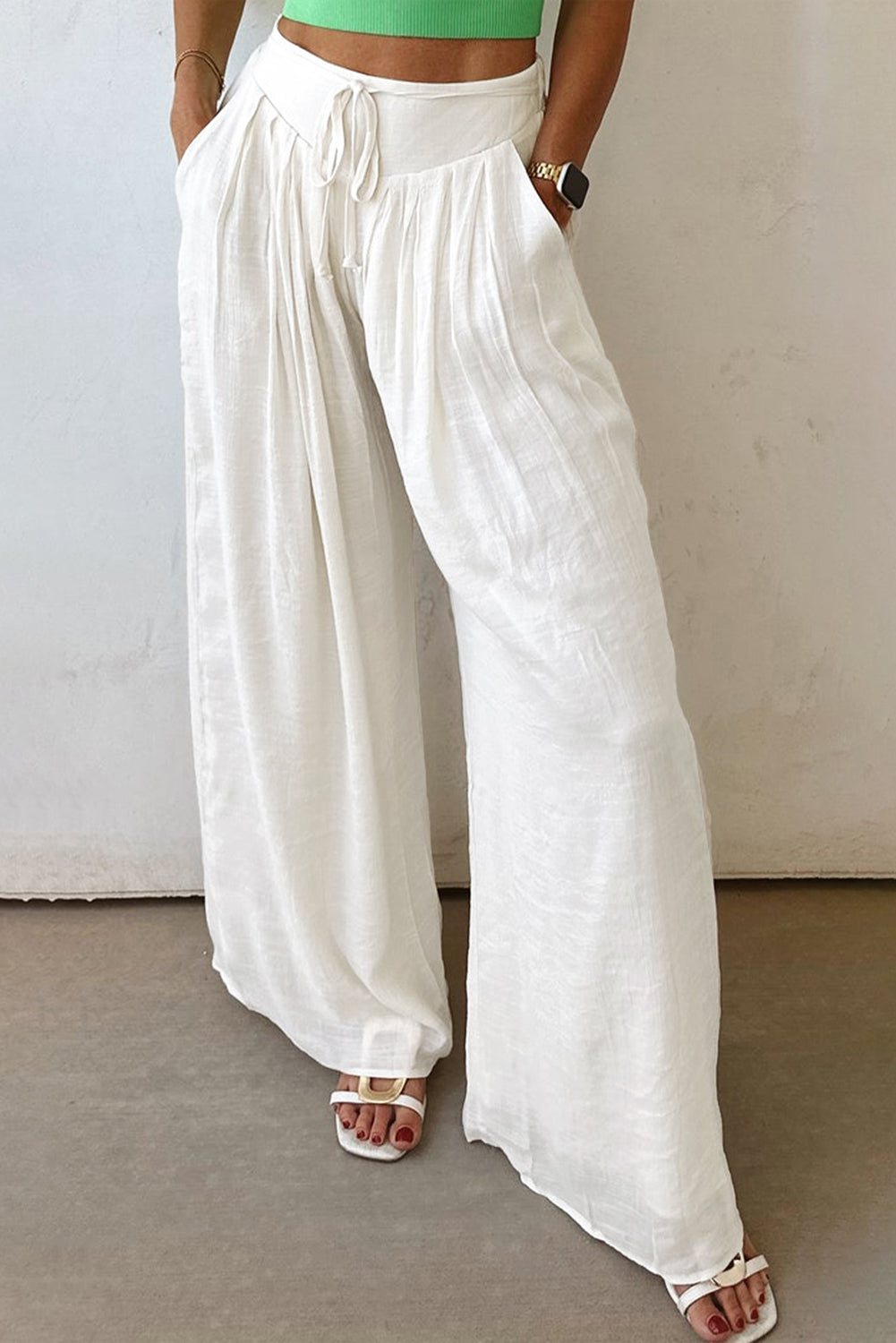 White Pleated Wide Leg Casual Trousers eAura