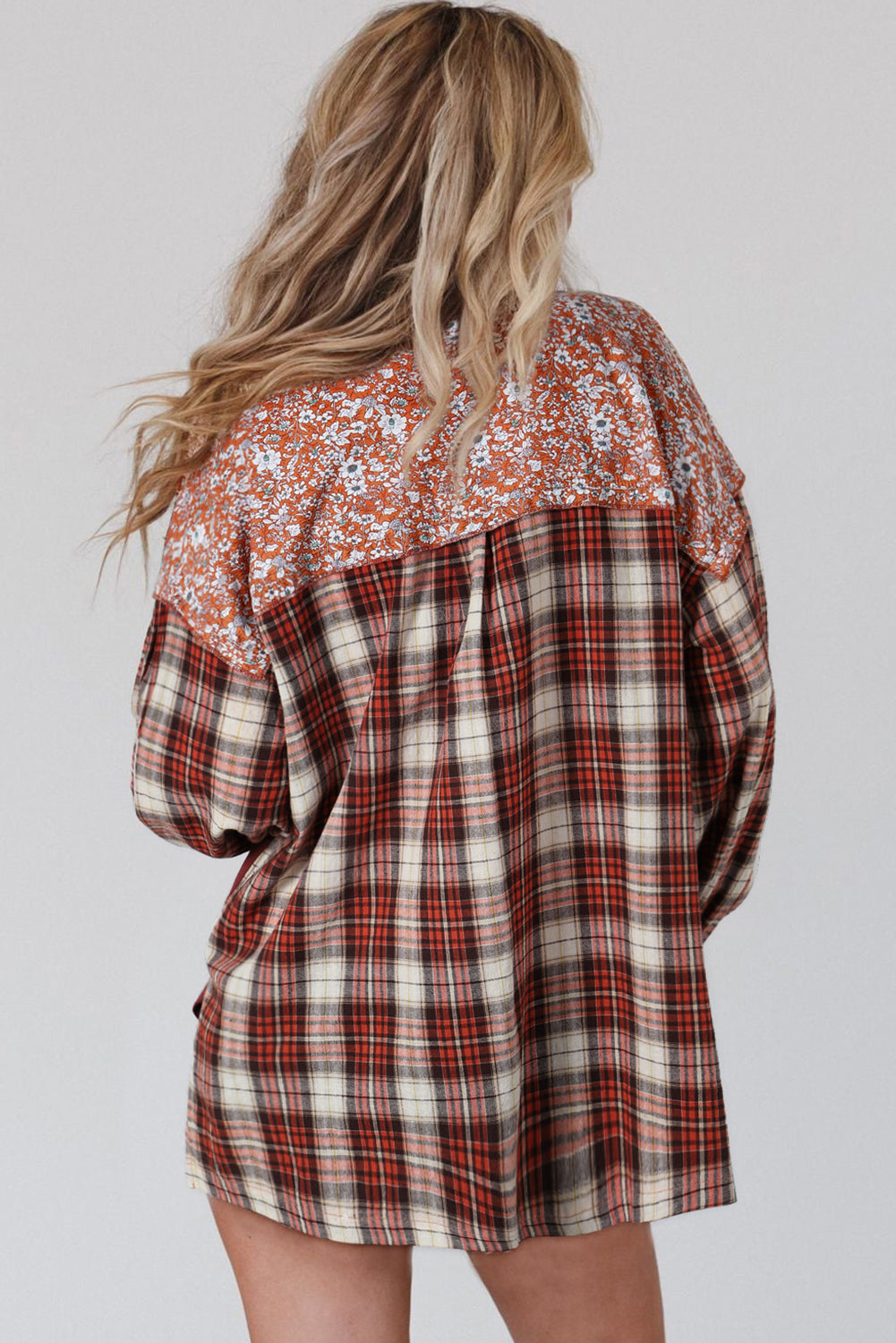 Fiery Red Floral Plaid Mixed Print Bishop Sleeve Patchwork Top eAura