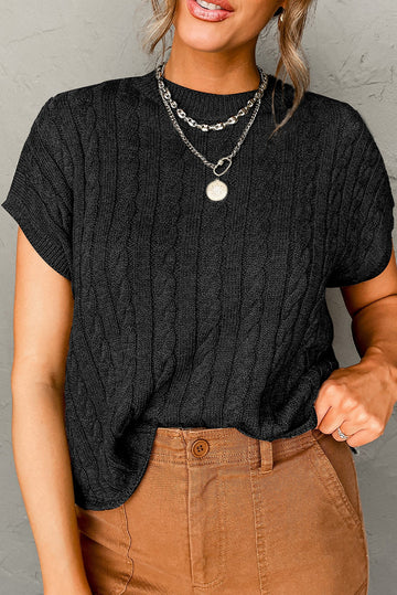 Black Crew Neck Cable Knit Short Sleeve Sweater eAura