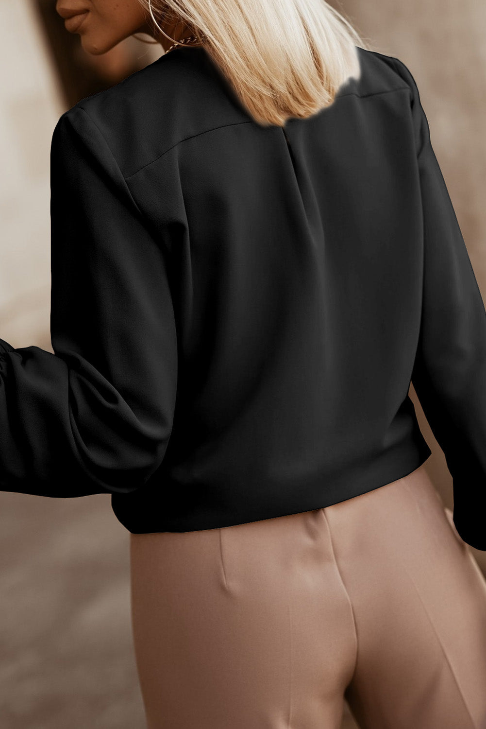 Khaki Crew Neck Gathered Stretch Cuff Shirt eAura