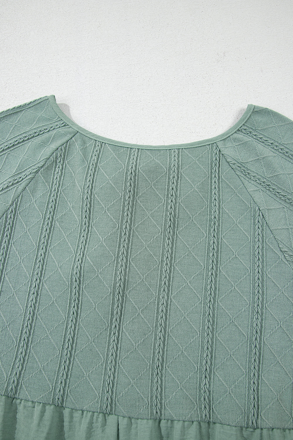 Laurel Green Tie Split Neck Textured Ruffle Patchwork Blouse eAura