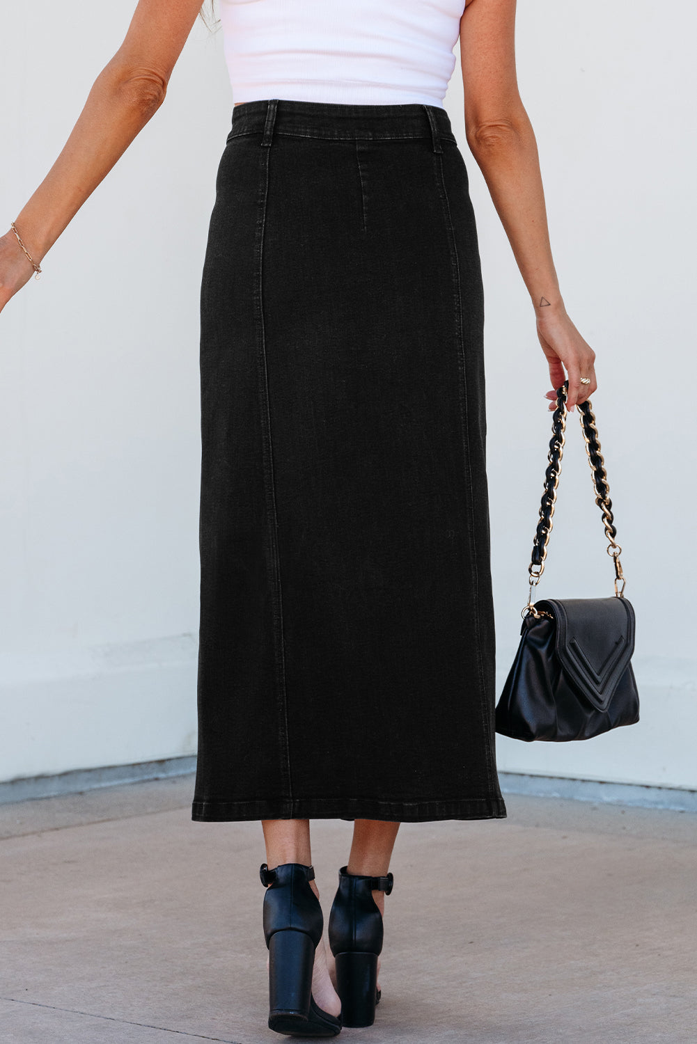 Black Button Fly Side Split High Waist Denim Midi Skirt eAura