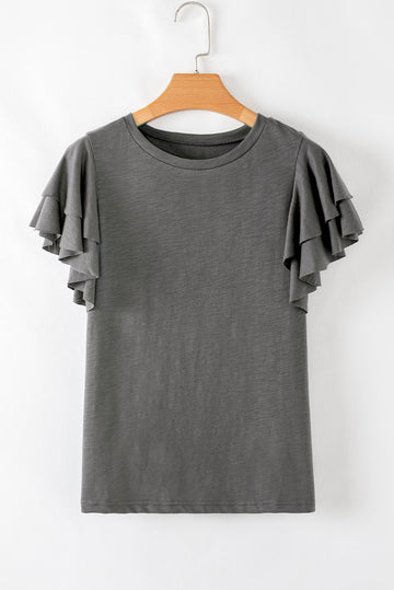 Dark Grey Layered Ruffle Short Sleeve Round Neck Top eAura