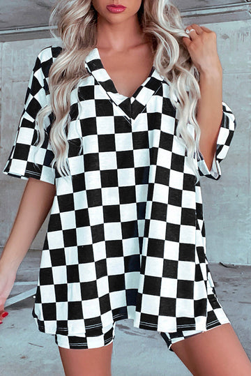 Checkerboard Print V Neck Loose Tee and Shorts Lounge Set eAura