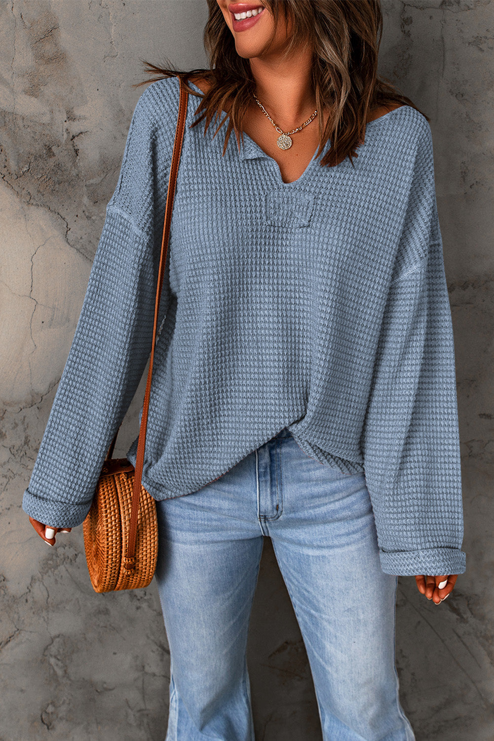 purple Waffle Knit Loose Long Sleeve Top eAura