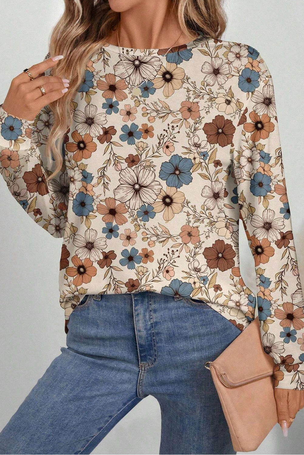 Khaki Floral Print Loose Crew Neck Long Sleeve T Shirt eAura