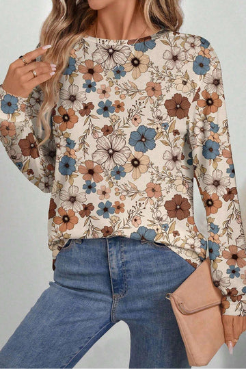 Khaki Floral Print Loose Crew Neck Long Sleeve T Shirt eAura