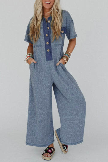 Beau Blue Half Placket Chest Pockets Short Sleeve Wide Leg Jumpsuit eAura