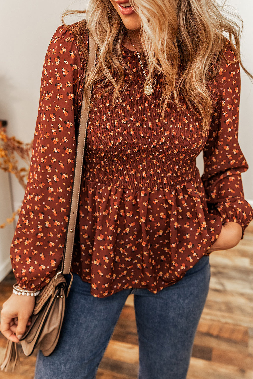 Boho Floral Smocked Bust Ruffled Peplum Blouse eAura