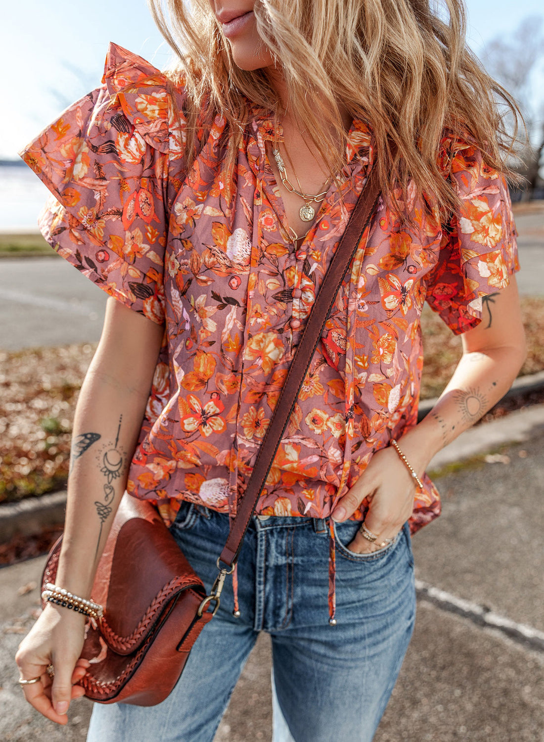 Orange Floral Print Ruffled Flutter Sleeve Frilled V Neck Blouse eAura