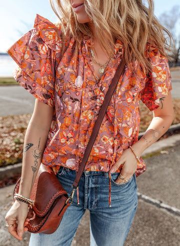 Orange Floral Print Ruffled Flutter Sleeve Frilled V Neck Blouse eAura