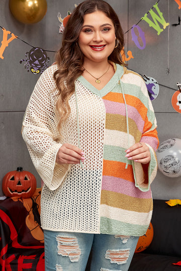 Beige Pointelle Knit Colourblock Patchwork V Neck Hooded Plus Sweater BB Fashion Outlet
