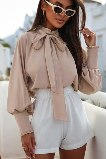 Khaki Frilled Knotted Mock Neck Bishop Sleeve Blouse BB Fashion Outlet