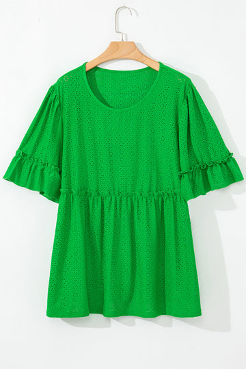 Green Textured Frilled Short Sleeve Plus Size Babydoll Blouse BB Fashion Outlet