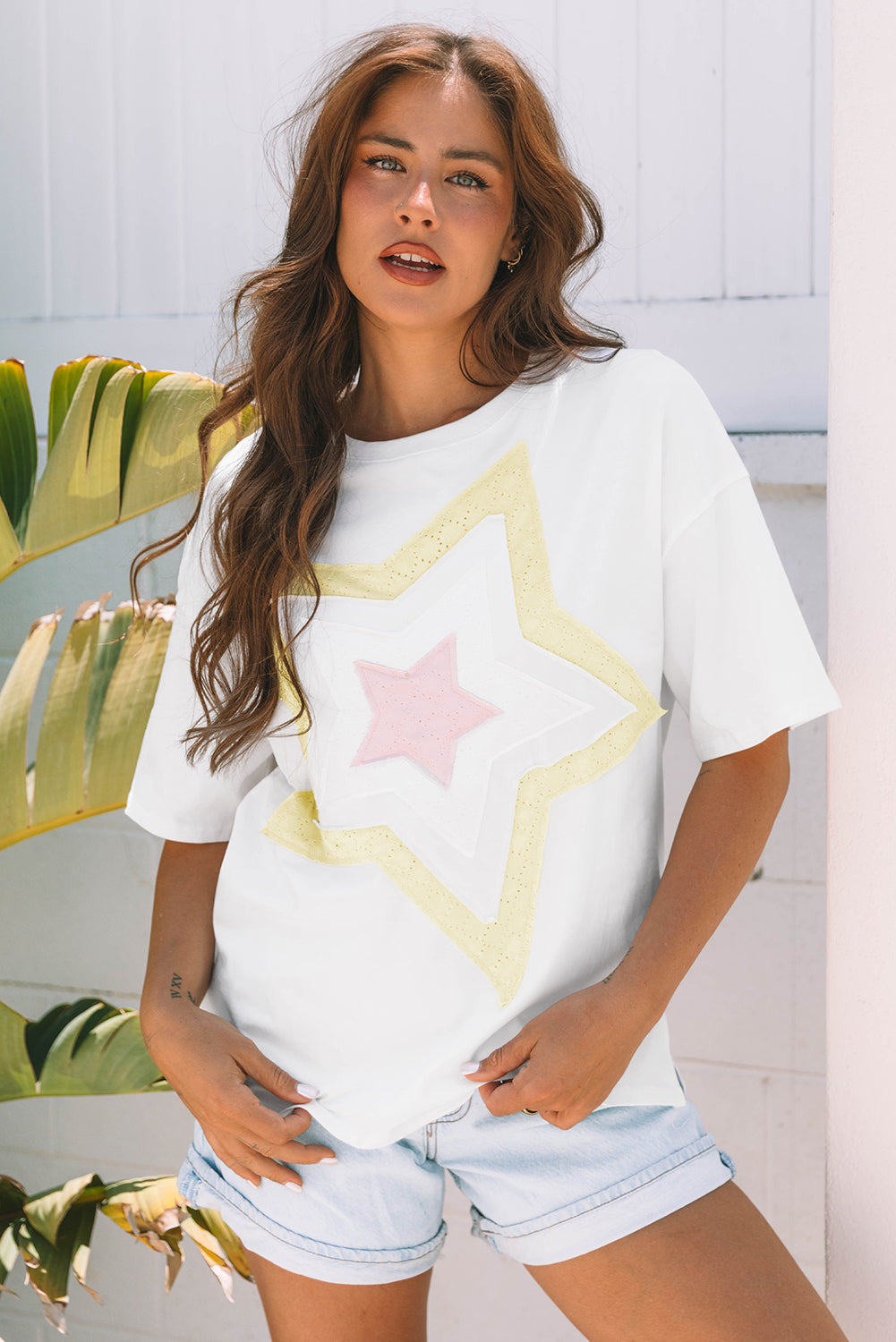 White Star Layered Patched Graphic Drop Shoulder Half Sleeve Loose Tee eAura