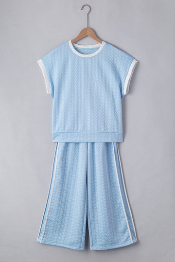 Beau Blue Textured Colourblock Edge Tank Top High Waist Trousers Set eAura