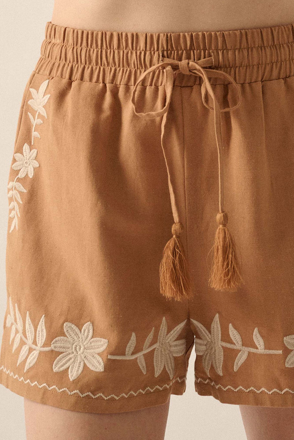 Embroidered Boho Tasseled Drawstring Elastic Waist Casual shorts eAura