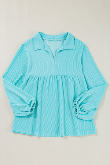 Turquoise Cordrd Balloon Sleeve Collar Plus Babydoll Top Beagle Boutique Fashion Outlet