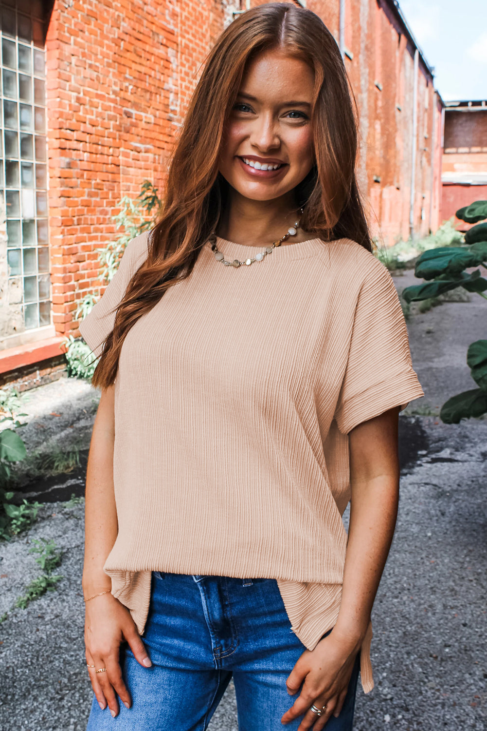 Jet Stream Textured Round Neck Short Sleeve Top eAura