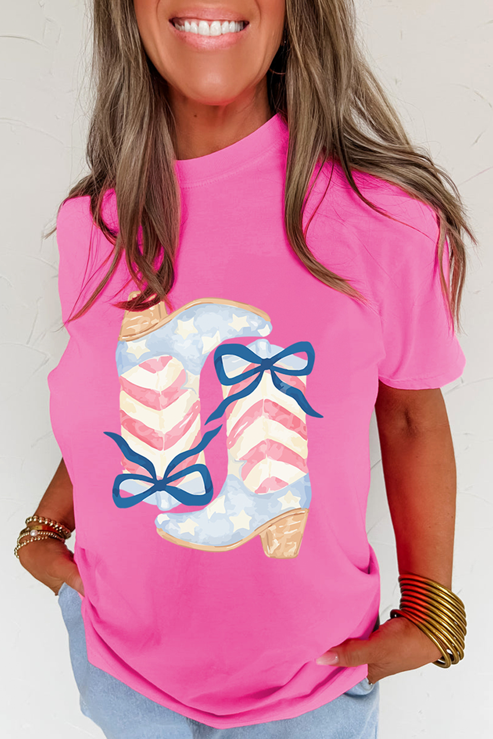 Sachet Pink Flag Pattern Boots Bow Accent Casual Graphic Tee eAura