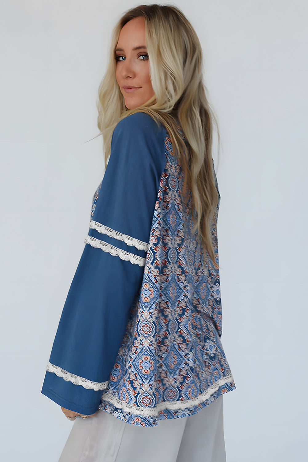 Blue Geometric Printed Lace Patchwork Ric Rac Raglan Long Sleeve Top eAura