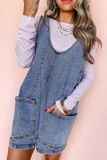 Dusk Blue Sleeveless U Neck Patched Pocket Denim Romper eAura