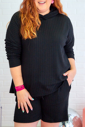 Black Textured Hoodie and Shorts Plus Size Two Piece Set Beagle Boutique Fashion Outlet
