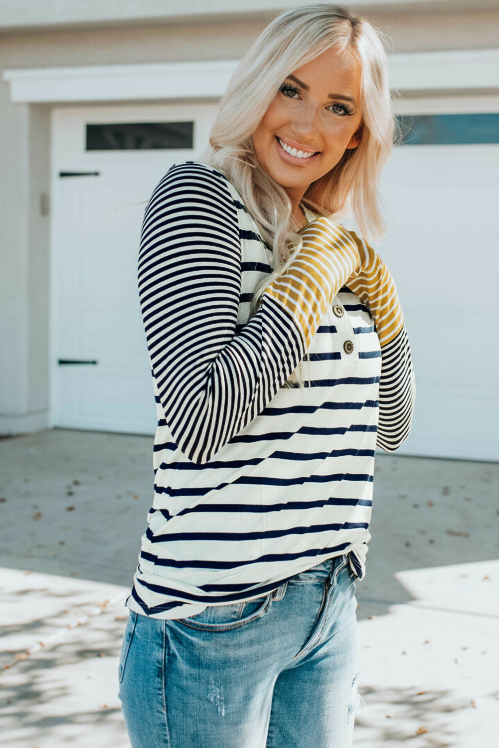 Long Sleeve Stripe Button Henley Top eAura