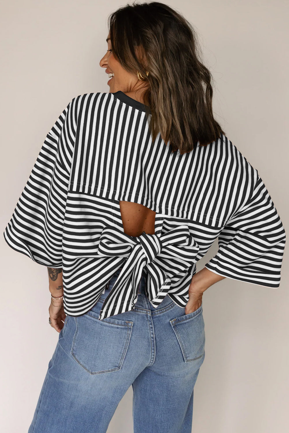 Black Stripe Bowknot Cutout Back Drop Shoulder Wide Bracelet Sleeve Loose Tee eAura