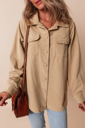 Light French Beige Solid Frilled Flap Pocket Button Up Corduroy Shacket Beagle Boutique Fashion Outlet