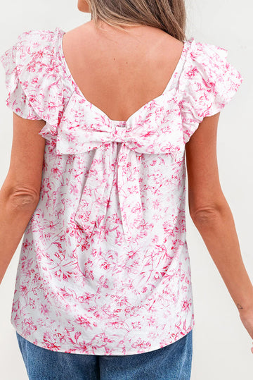 Floral Ruffled Short Sleeve Bow Back Square Neck Blouse eAura