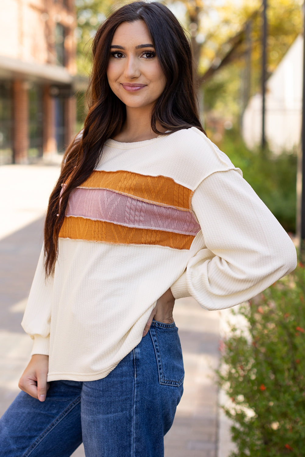 White Ribbed Exposed Seam Knit Patchwork Drop Sleeve Top eAura