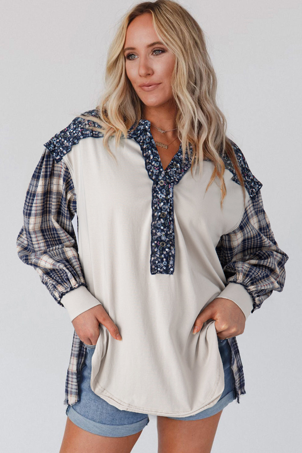 Fiery Red Floral Plaid Mixed Print Bishop Sleeve Patchwork Top eAura