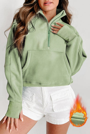 Smoke Green Fleece Lined Zip Up Stand Collar Thumbhole Sleeve Sweatshirt eAura