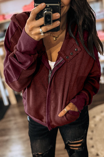 Waffle Zip-Up Front Button Hooded Jacket - eAura