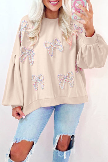 Parchment Embroidered Bow Lantern Sleeve Oversized Pullover Sweatshirt eAura