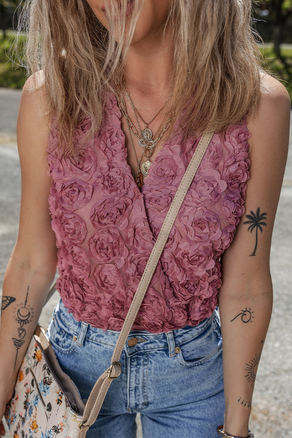 Heather Floral Textured V Neck Wrapped Sleeveless Bodysuit eAura