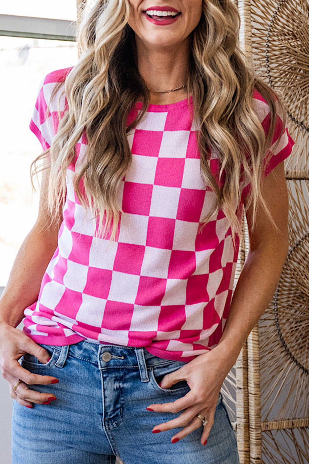 Rose Check Pattern Cap Sleeve Knit Sweater eAura