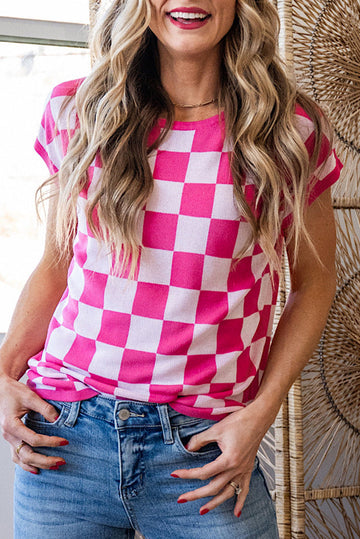 Rose Check Pattern Cap Sleeve Knit Sweater eAura