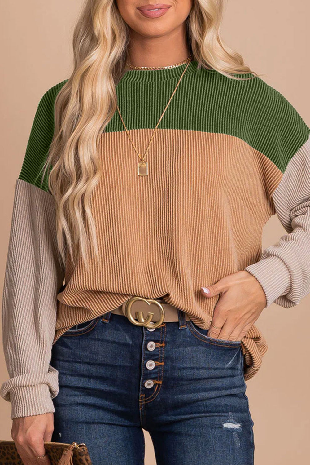 Pink Colour Block Long Sleeve Ribbed Loose Top eAura
