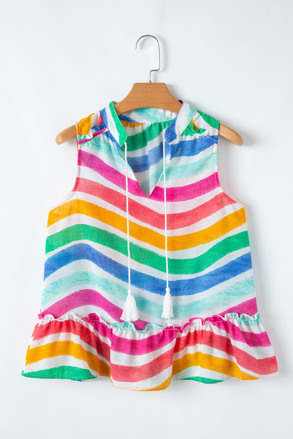 Rainbow Striped Ruffled Hem Drawstring V Neck Sleeveless Top eAura