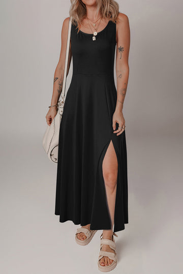 Black Sleeveless Scoop Neck Flared Split Midi Dress eAura